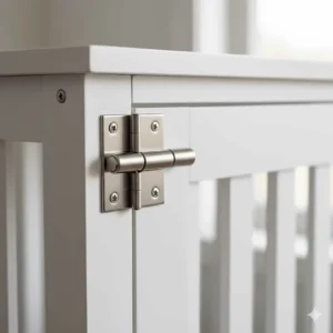 Close-up of high-quality silver latches and hinges on a bespoke white wooden dog crate.
