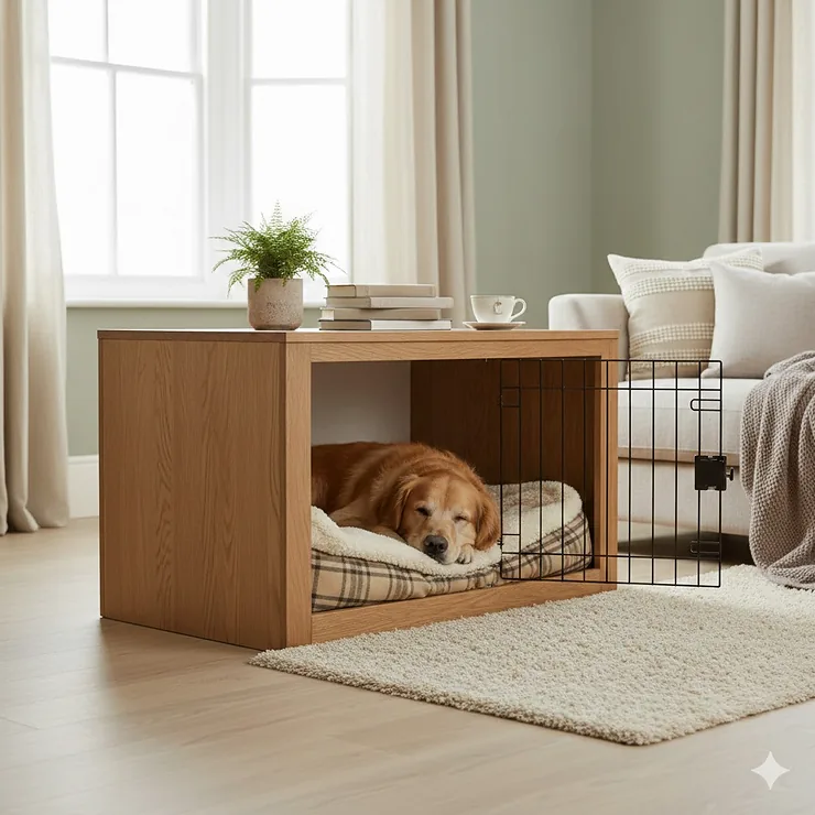 A Golden Retriever sitting comfortably inside a large wire dog crate with a soft fabric bed in a modern British living room. dog crate buying guide