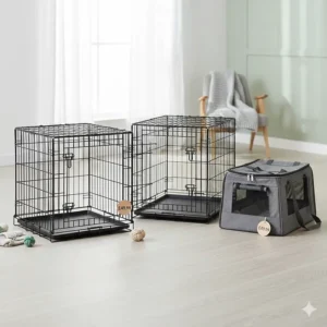 A selection of affordable dog crates under £50 showing double-door entry and slide-out trays.