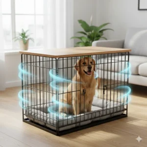 Illustration highlighting the 360-degree ventilation and visibility for the pet inside the crate.
