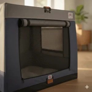 Close-up of the breathable mesh windows on a navy blue indoor soft crate, ensuring airflow for pets.