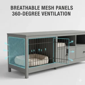 Illustration highlighting the breathable mesh side panels and 360-degree ventilation in a furniture-style dog crate.