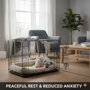 A tranquil domestic scene of an open dog crate with a soft bed, symbolising positive dog behaviour and a calm space for managing anxiety.