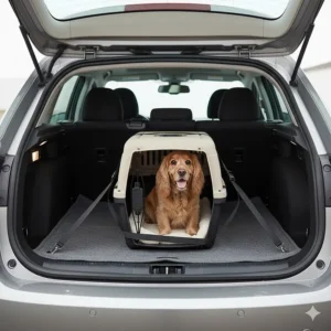 A plastic travel crate designed for safe car journeys, featuring a secure locking front gate.