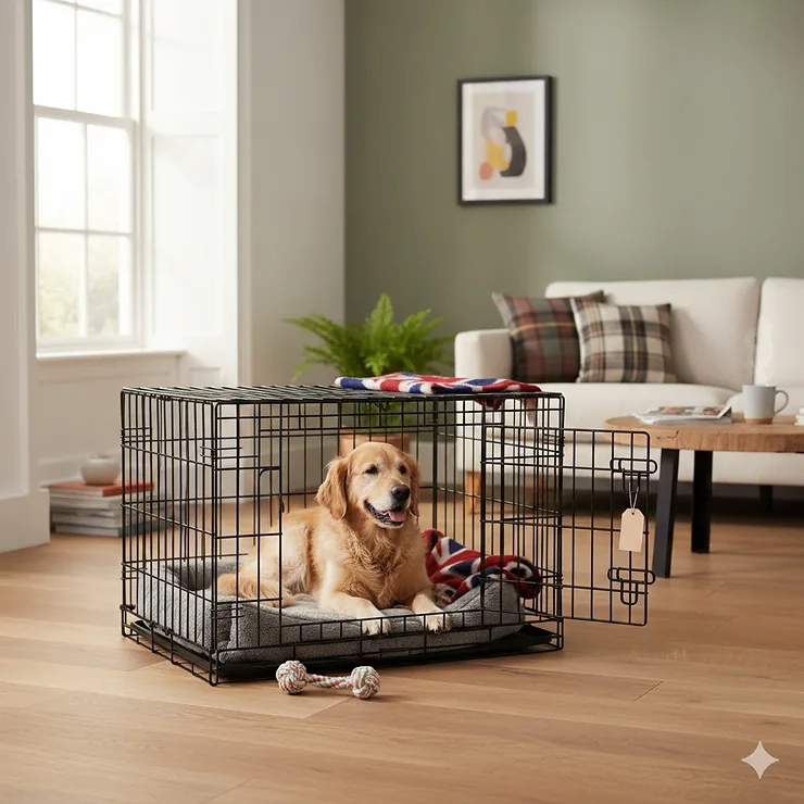 A happy Golden Retriever sitting inside a secure black metal dog crate priced under £50 in a modern British living room. cheap dog crates under £50