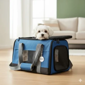A blue fabric soft-sided dog carrier suitable for small breeds, priced at a budget-friendly point.