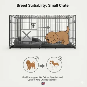 A young Cocker Spaniel puppy sitting comfortably inside a small crate with the divider set to the smallest position.