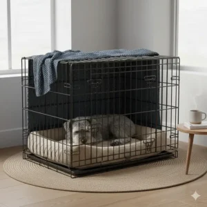 A dog crate draped with a soft grey throw to create a cosy, dark den environment that helps lower canine stress levels.