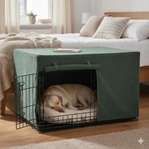 A Labrador sleeping in a large crate covered with a stylish fabric crate cover in a UK bedroom.