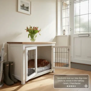 A real-life customer photo of a medium-sized dog crate furniture piece in a British hallway.