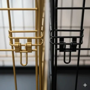 Comparison of the secure sliding bolt latches on Ellie-Bo and MidWest metal dog cages.