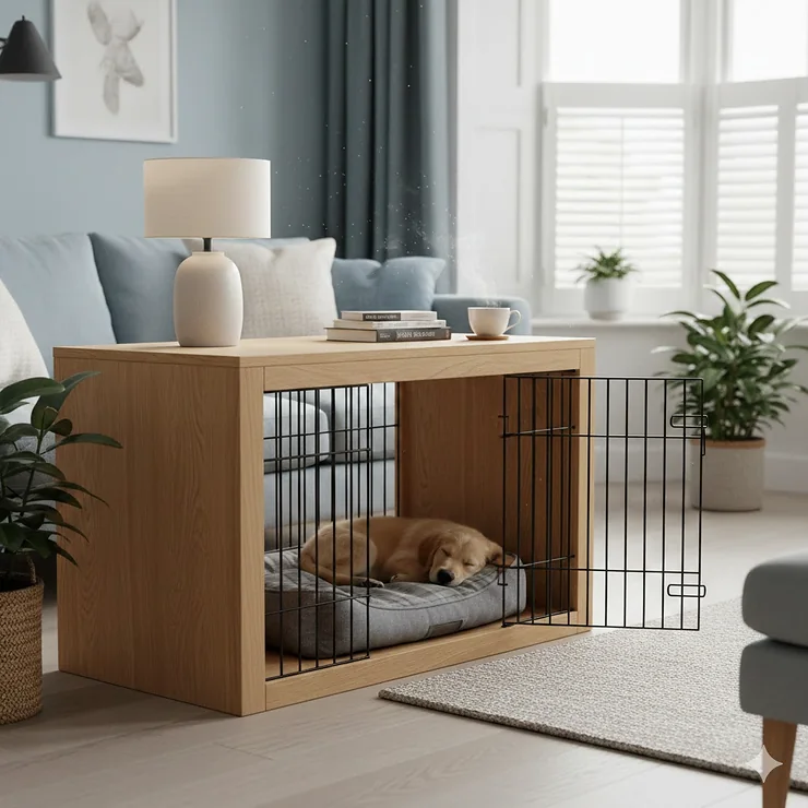 A stylish wooden dog crate end table used as a side table next to a sofa in a modern British living room. dog crate end table