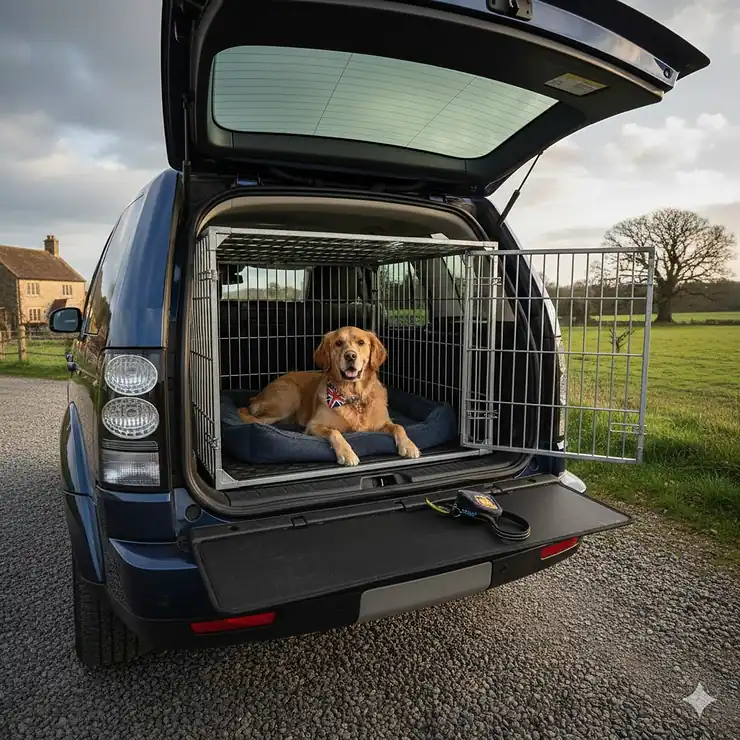A heavy-duty metal dog crate for car boot fitted inside a Land Rover Discovery in the British countryside. dog crate for car boot