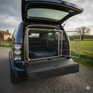 A dog crate for car boot featuring a black fabric bumper protector to prevent paintwork scratches.