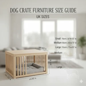 A comprehensive size guide for dog crate furniture showing dimensions suitable for small to large dog breeds.