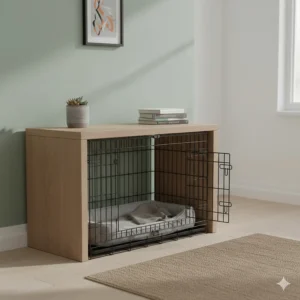 A black wire dog crate neatly tucked under a hallway console table in a British home.