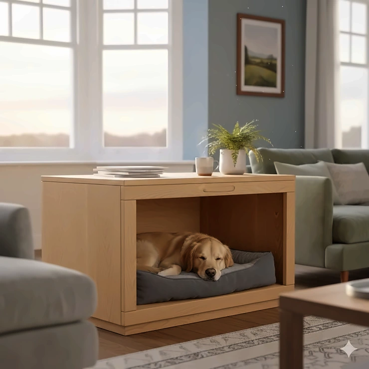 A stylish wooden dog crate furniture piece used as a side table in a modern British lounge, featuring a comfortable dog bed inside. dog crate furniture UK