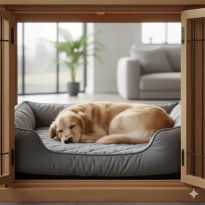 Inside view of a furniture-style dog crate featuring a plush orthopaedic dog bed for maximum comfort.