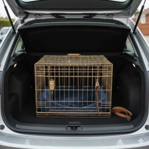 An Ellie-Bo dog crate fitted into the boot of a UK hatchback car to show spatial requirements.