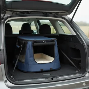 A portable blue soft dog crate fitted securely into the boot of a British estate car for safe travel.