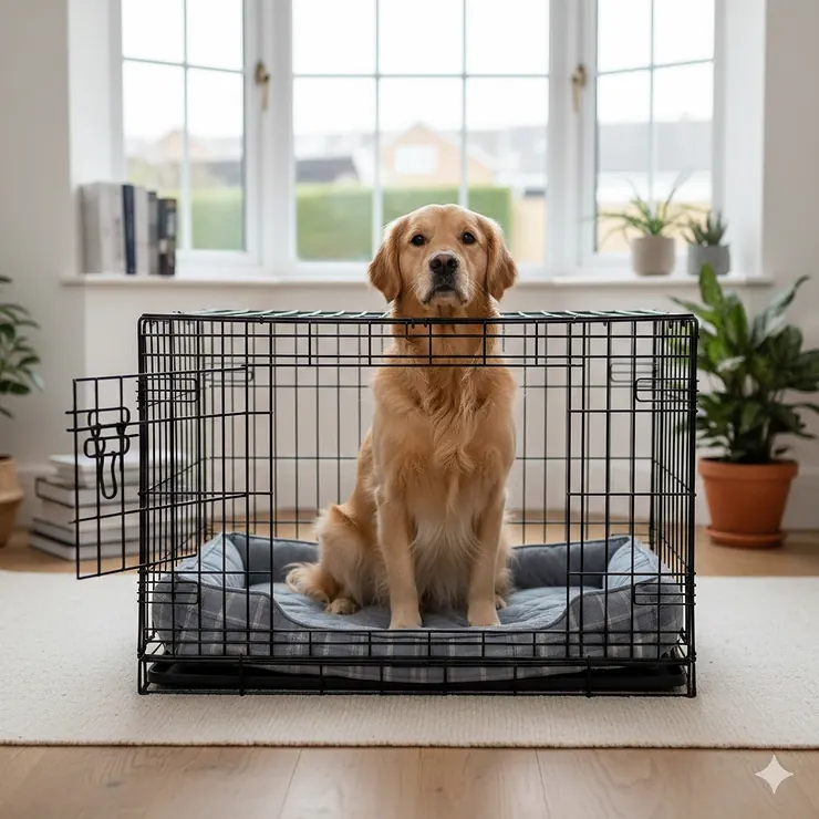 A photorealistic image of a Golden Retriever sitting comfortably in a well-fitted wire dog crate within a modern British home, showing correct height clearance. dog crate measurements guide