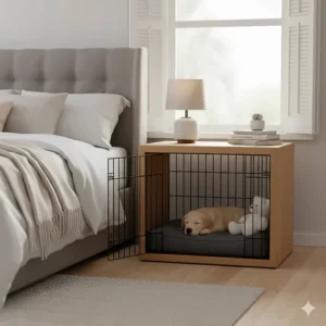 A dog crate end table used as a bedside nightstand with a lamp and book on top.