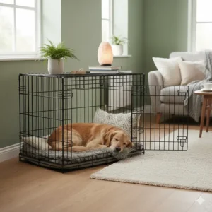 Illustration showing a dog crate placed in a quiet corner of a room, away from direct sunlight and draughts.