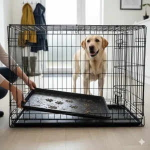A person sliding out the leak-proof plastic tray from a large Labrador crate for easy cleaning after a muddy walk.