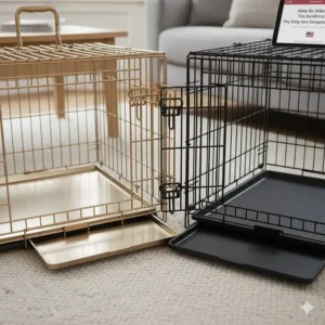 Comparison of the steel tray in an Ellie-Bo crate versus the plastic pan in a MidWest dog crate.