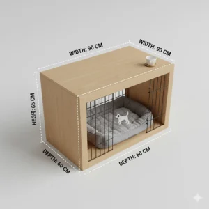 Diagram showing the height, width, and depth of the dog crate end table in centimetres.