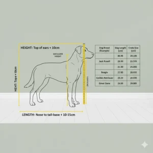 A diagram showing how to measure a dog for a crate, including height to the ears and length from nose to tail in centimetres.