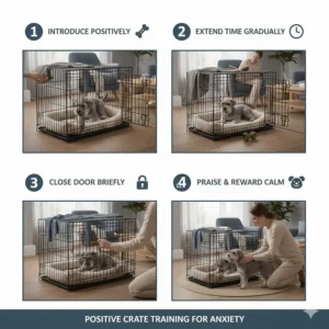 A clean, minimalist dog crate setup illustrating the positive reinforcement method for gradual crate training in a UK home.