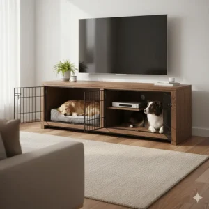 A large dog crate furniture unit being used as a functional TV stand in a contemporary home.