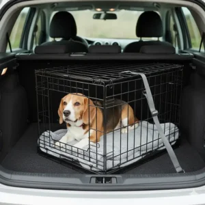A compact dog crate positioned securely in the boot of a hatchback car for safe UK road travel.