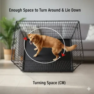 A top-down view inside a dog crate illustrating the turn around rule, ensuring the dog has enough space to move and lie down.