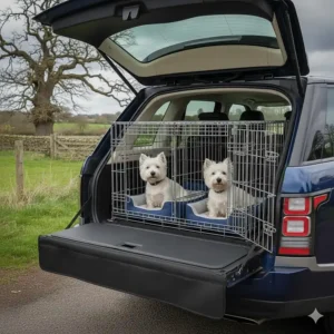 A twin dog crate for car boot with two West Highland Terriers in separate compartments.