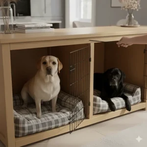 Internal view of a large double dog crate showing the removable metal mesh divider for flexible pet housing.