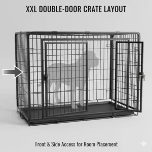Illustration showing the front and side door access points of a giant dog crate for XXL breeds to fit different room layouts.