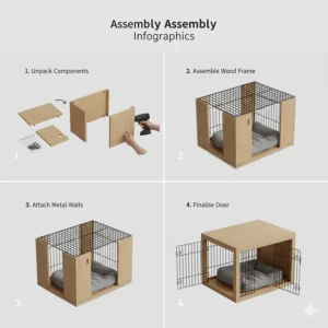 Step-by-step graphic showing the simple assembly process for the wooden dog crate table.