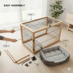 An illustration showing the easy assembly process of a flat-pack dog crate furniture kit.