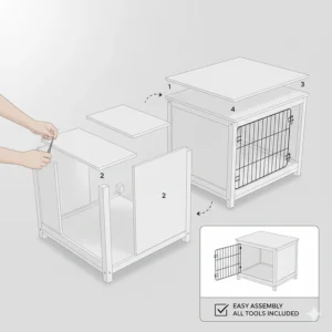 Graphic showing the easy flat-pack assembly process for a modern white dog crate.