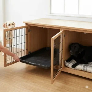 Illustration showing how the base trays slide out of the large double dog crate for easy cleaning.