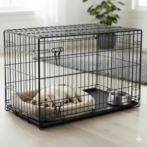 An Ellie-Bo dog crate featuring an internal divider panel to adjust space as a puppy grows.