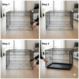 Illustration showing the tool-free assembly process of an Ellie-Bo metal dog cage.
