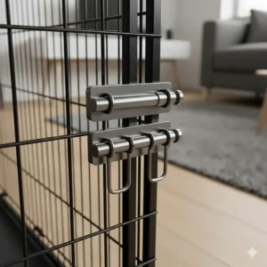 Detail of the heavy-duty sliding bolt latches on an Ellie-Bo puppy cage for extra security.