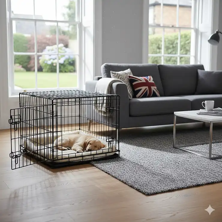 A deluxe black Ellie-Bo dog crate with a fleece liner set up in a British living room. Ellie-Bo dog crate review