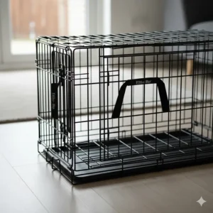 Close-up of an Ellie-Bo dog crate folded flat with the carrying handle visible for easy storage.