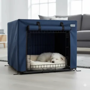 An Ellie-Bo dog crate fitted with a navy blue waterproof cover for a cosy den environment.