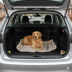 A slanted Ellie-Bo car crate fitted into the boot of a standard UK hatchback.