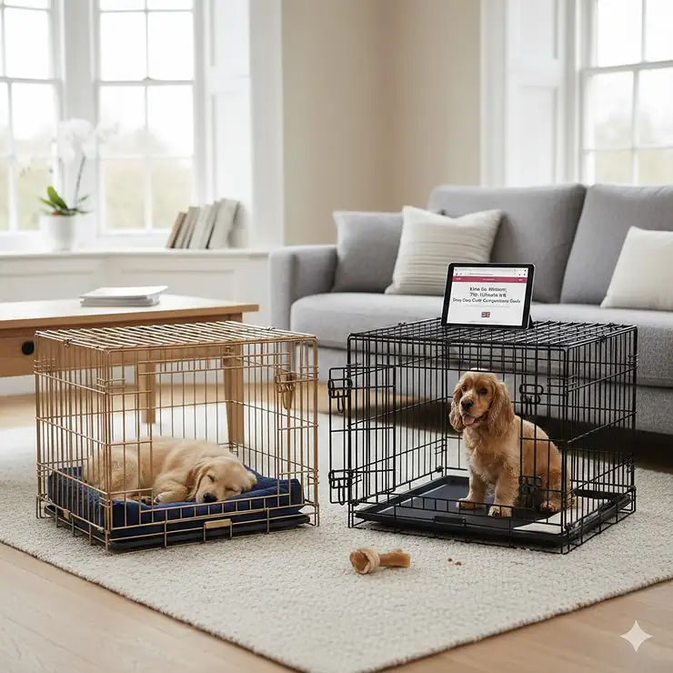 A side-by-side comparison of an Ellie-Bo deluxe gold crate and a MidWest LifeStages dog crate in a domestic living room. Ellie-Bo vs MidWest dog crate